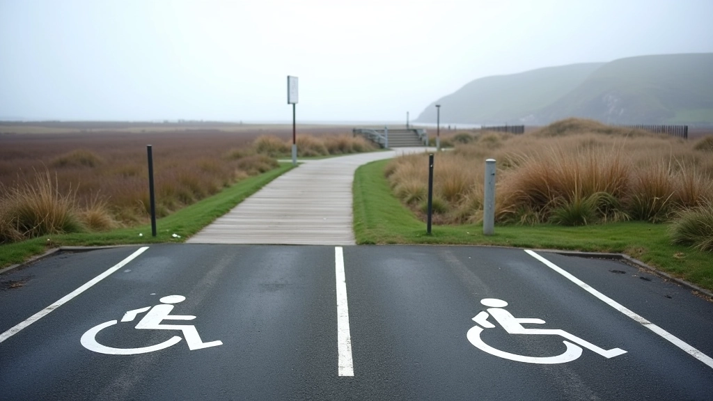 Accessible car park entrance with clear disabled parking spaces marked on tarmac surface, boardwalk entrance visible beyond