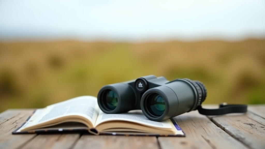 Binoculars and a bird identification guide resting on a wooden bench with coastal landscape behind