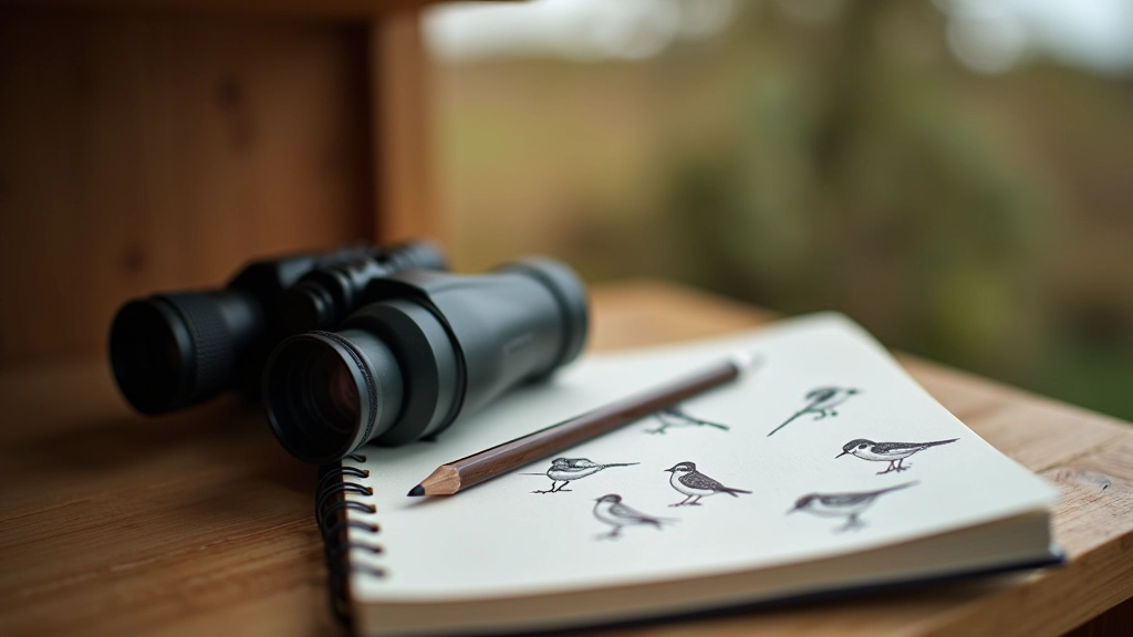 Binoculars, field notebook, and pencil arranged on wooden shelf inside bird hide