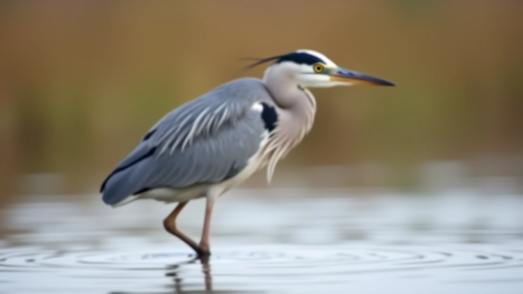 Heron standing motionless in shallow marsh water, hunting posture