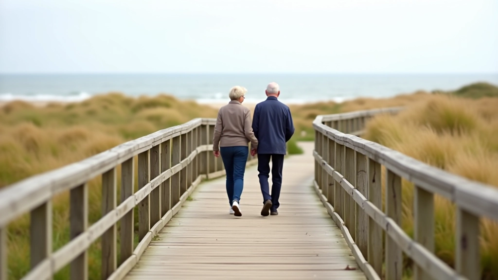 Mature adults walking on boardwalk pathway
