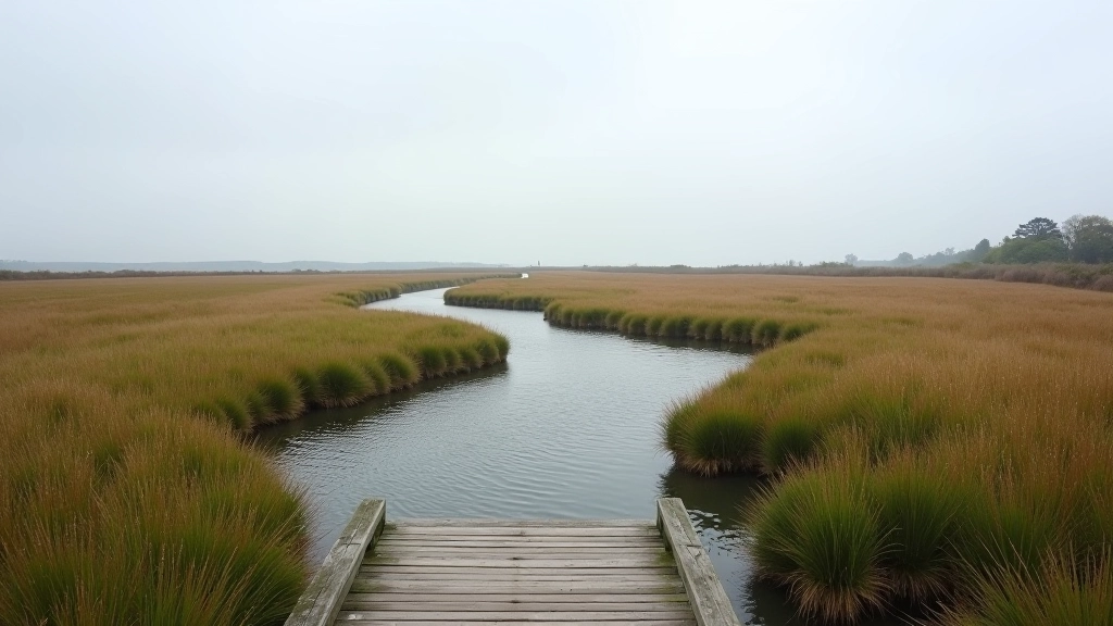 Salt meadow landscape showing native marsh vegetation and natural water channels at Tramore backstrand