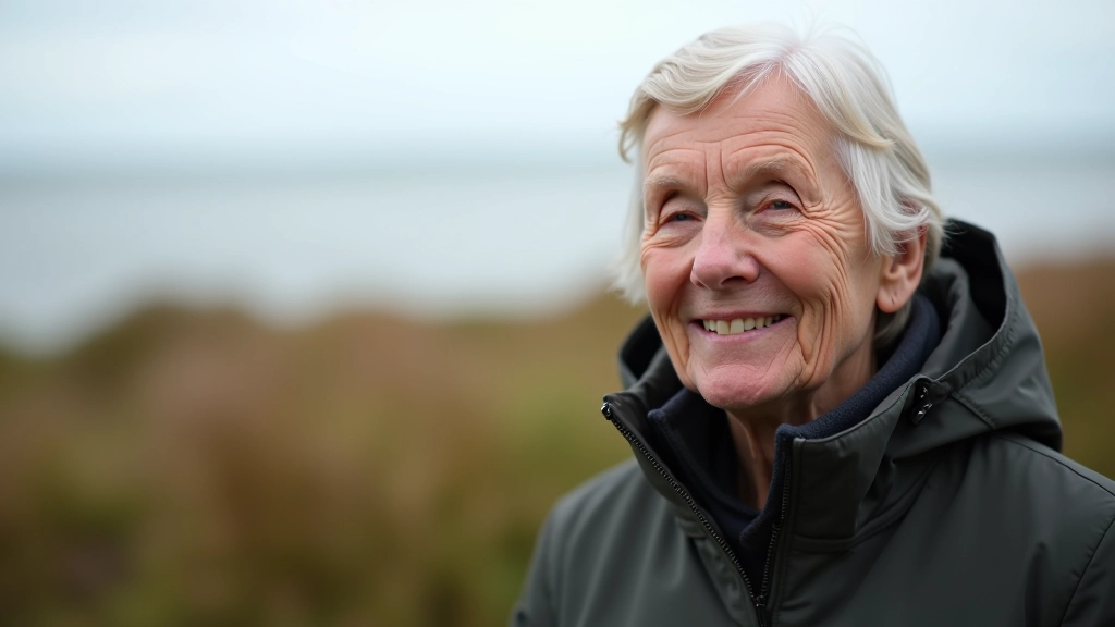 Portrait of Margaret, a pensioner visitor smiling warmly at Tramore Backstrand