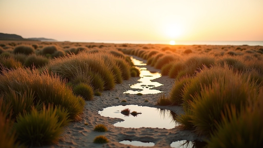Salt marsh landscape showing tidal pools and halophytic vegetation during golden hour sunset