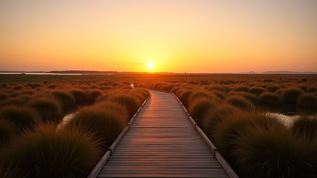 Tramore backstrand dune walkway stretching through golden coastal marshland at sunset