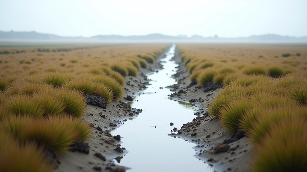 Tidal creek cutting through salt marsh vegetation with water pooling during mid-tide cycle