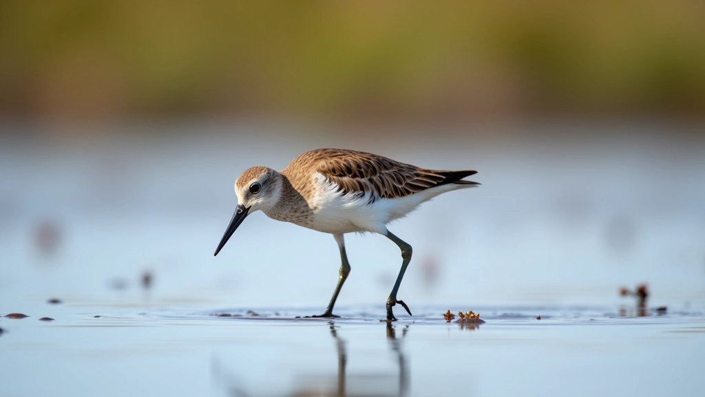 Redshank wading bird feeding in shallow water and mud of salt marsh habitat
