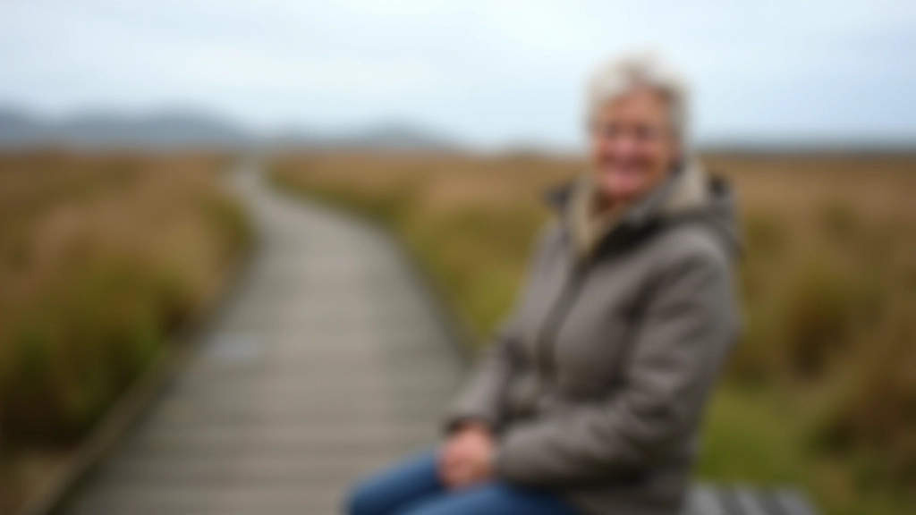 Senior woman resting on boardwalk bench overlooking salt marsh habitat, peaceful moment of reflection, natural coastal lighting