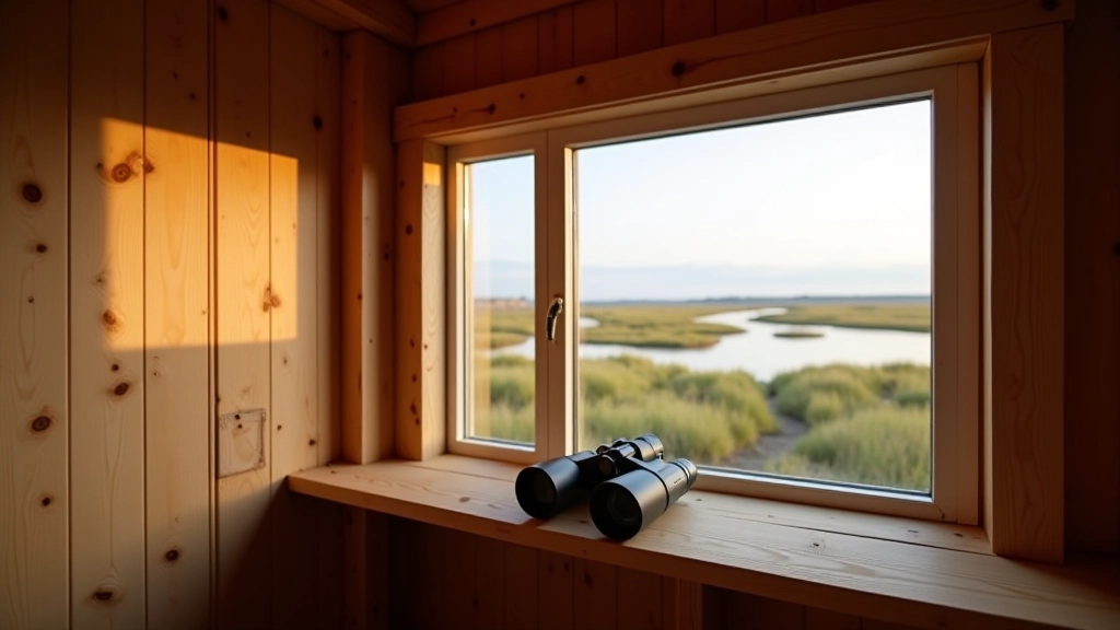 Bird hide wooden structure overlooking marshland with binoculars resting on viewing ledge