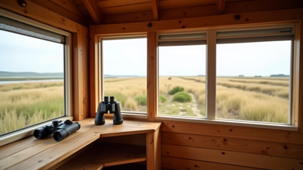 Interior of wooden bird hide structure with viewing windows, binoculars on shelf, marsh visible through glass, serene birdwatching environment