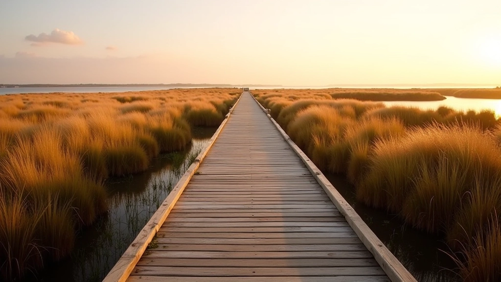 Coastal boardwalk at sunset with marsh grasses