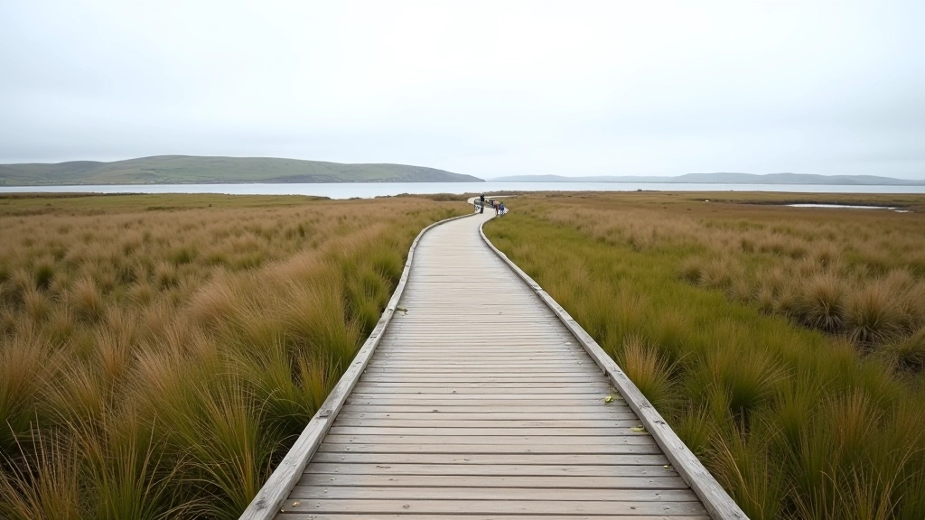 Wooden boardwalk pathway extending through healthy salt marsh with expansive view of habitat