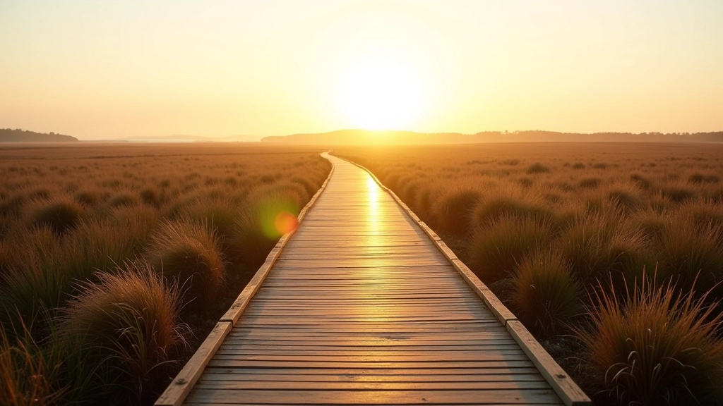 Scenic boardwalk pathway winding through coastal salt marsh landscape with native vegetation and distant water views