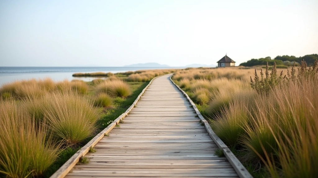 Wooden boardwalk path stretching through salt marsh landscape with coastal vegetation on both sides