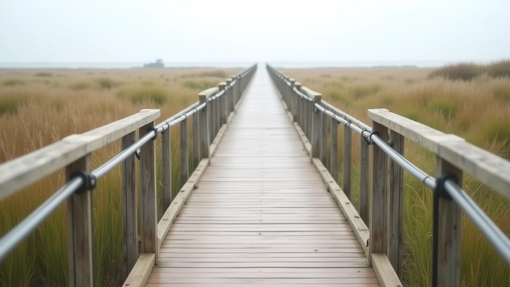 Wooden boardwalk path with sturdy handrails on both sides, gentle slope, coastal marsh views, good sightlines
