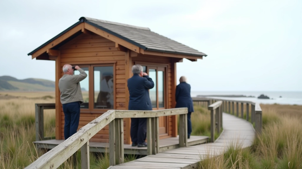 Tramore bird hide observation structure with viewing windows overlooking coastal marshland